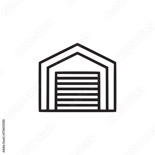 Vector art of a minimalist line art illustration of a garage with a closed door, the garage has a simple, gabled roof and a rollup door, suggesting storage or parking
