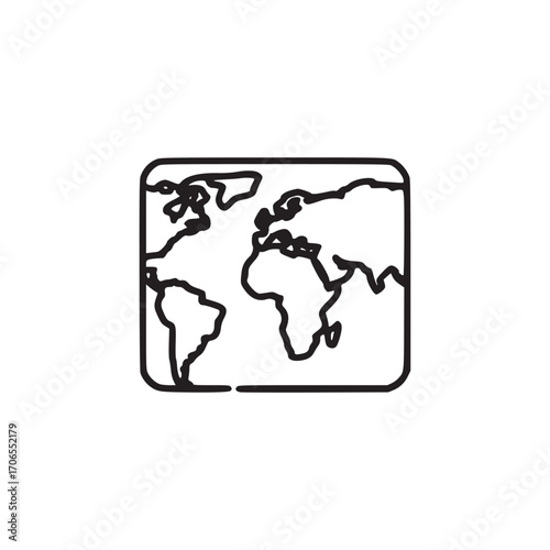 Vector art of a minimalist line art illustration of a world map in a rectangle, this simple design is perfect for representing global concepts, travel, or international business in a clean and modern 