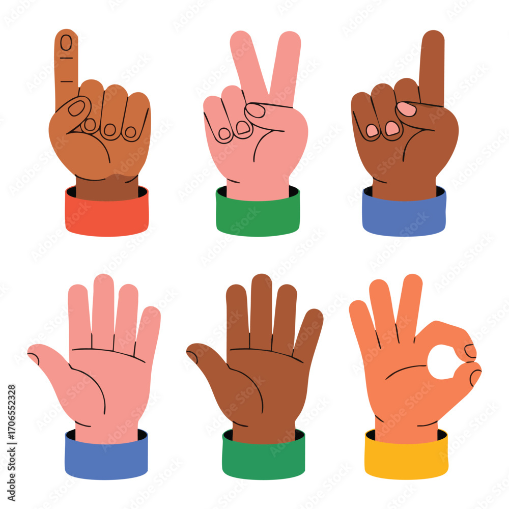 Fototapeta premium Diverse collection of cartoon hands displaying various gestures and counting numbers