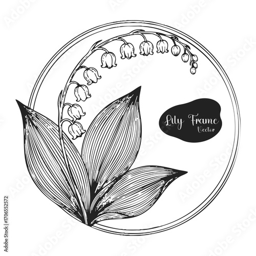 Hand drawn sketch of delicate lily of the valley flowers and leaves inside a circular border with a small black oval shape