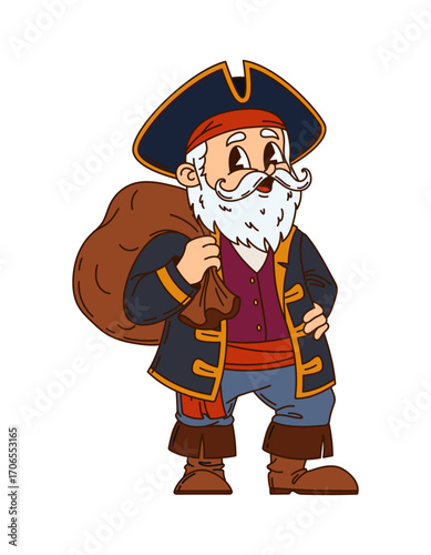 Pirate or Caribbean corsair cartoon character with treasure bag, vector groovy personage. Caribbean pirate captain, seaman sailor or corsair cartoon character in tricorne with treasure snatch loot bag