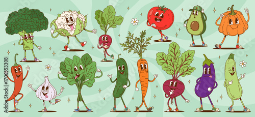 Cartoon groovy vegetable characters fun expressions. Broccoli, avocado, tomato, carrot, beetroot, garlic and eggplant. Chili pepper, cauliflower, spinach and pumpkin with squash emphasizing health