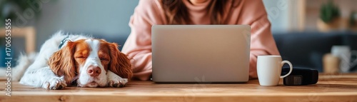 Cozy work-from-home setup with a person and a relaxed dog. The atmosphere is relaxed and inviting, highlighting the benefits of remote work