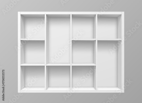 Isolated white empty bookshelf on wall vector background. 3d realistic shelves of book store, library or shop, office and home interior furniture front view. Modern white bookshelf or display stand