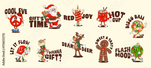 Christmas and New Year hippie Y2K groovy stickers with cartoon characters, vector t shirt prints. Groovy Christmas stickers for winter holiday quotes, funky Santa with New Year gifts and reindeer