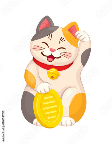 Maneki neko Japanese lucky cat with golden coin for luck, fortune and money, vector toy animal. Maneki neko cat cartoon character with golden bell on collar and money coin in paw as Japan luck symbol