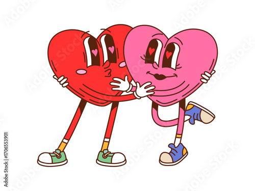 Cartoon groovy two heart characters hug and kiss. Love symbols embodying a playful and romantic vibe for Valentines Day. Isolated vector couple personages expresses greetings, affection and hippie fun