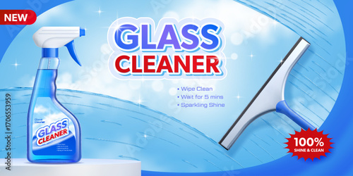 Window glass cleaner advertising banner with spray bottle and window squeegee. Vector clean and modern product advertisement, emphasizes hygiene, freshness and new protective cleaning formula