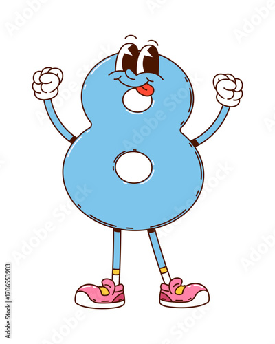 Cartoon groovy math number eight character. Isolated vector cheerful and curvy numeral 8 with googly eyes and quirky smile. Playful school education personage for arithmetic and mathematics learning