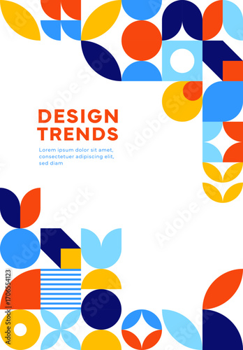 Abstract modern banner with geometric pattern. Trendy vector background, cover template with retro minimal geometry shapes, forms, lines in vibrant colors for exhibit art, magazine, journal, album