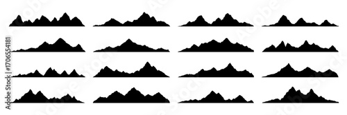 Black rock hills and mountain silhouettes of rocky valley landscape shapes, vector icons. Mountain peaks or canyon ranges and alpine mountain silhouettes of valley hills for hiking, camping or travel