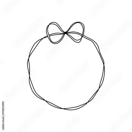 Minimalist round frame with a delicate ribbon bow on top, drawn in a whimsical continuous line. Coquette and romantic style, perfect for invitations, packaging, feminine branding, and greeting cards