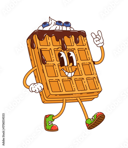 Cartoon groovy waffle or sweet dessert character of bakery pastry, vector personage. Funny groovy waffle or wafer pastry character with chocolate and blueberry, cool gesture and funky smile on face