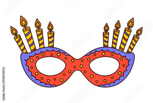 Cartoon groovy birthday mask for party holiday with candles, vector emoji. Groovy face mask with birthday candles decoration for kids masquerade party or carnival festival celebration and greeting