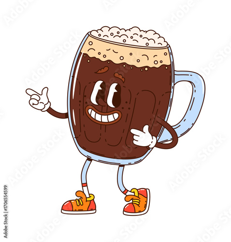Cartoon groovy dark beer drink tankard character with bubbly foam on top, wearing sneakers and smiling, giving a friendly finger gun gesture. Vector playful glass cup personage exuding hippie y2k fun