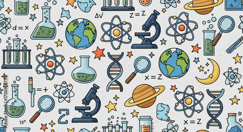 Science and Education Pattern Chemistry Flasks DNA Planets Atoms Microscopes