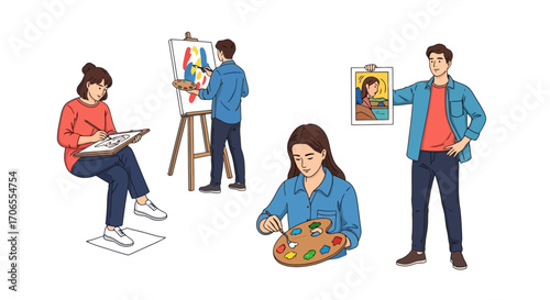 Diverse Artists Creating Masterpieces Painting Sketching and Portraiture by Talented Individuals in Studio Setting