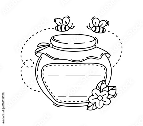 Honey glass jar kids memo note frame. Kids schedule vector sticker, children planner To Do list frame. Child diary page checklist or scrapbook memo note with honey jug or bottle, flying honeybees