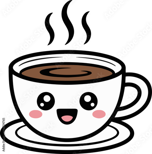 Vector art of a steaming cup of coffee with a cute face, perfect for cafe promotions, morning routines, and adorable beveragethemed designs for coffee lovers