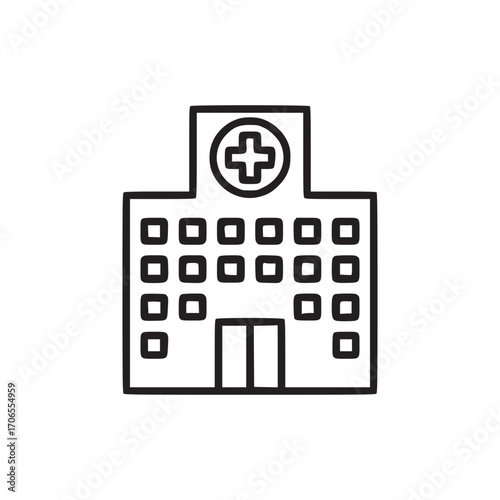 Vector art of hospital building icon simple line drawing of a medical facility with a cross on top symbol of healthcare, emergency services, and medical assistance for web and print design