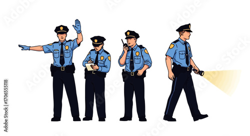 Diverse Police Officers in Uniforms Perform Duties Traffic Control Note Taking Radio Communication and Patrol with Flashlight