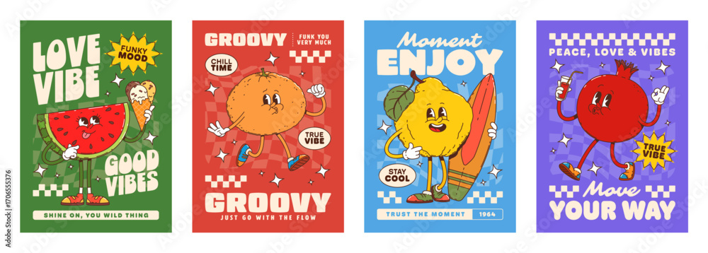Fototapeta premium Ripe fruits hippie groovy characters posters with playful watermelon, orange, quince and pomegranate retro personages with expressive faces, and positive lifestyle slogans in bold vintage typography