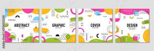 Memphis square cover layout, abstract geometric banners. Modern vector templates of covers or media posts feature vibrant colors, simple shapes playful patterns in retro modern hipster style of 1980s