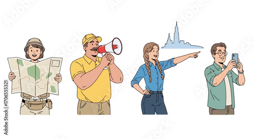 Diverse Group of People Engaged in Outdoor Exploration and Navigation Activities