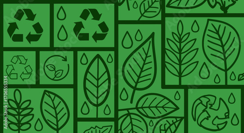 Eco friendly recycling and nature pattern green leaves water drops and recycling symbols in a modern flat design mosaic