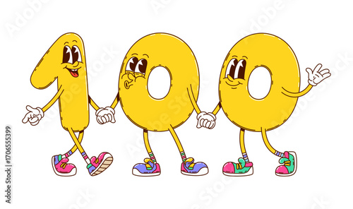 Cartoon groovy math number 100 character, school education personage. Vector playful yellow numerals 1, 0 and 0 with animated faces holding hands and walking together creating one hundred digit figure