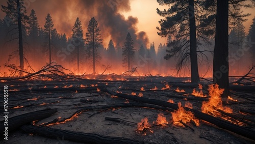 Forest wildfire spreading through dense pine trees with intense flames and smoke in a dramatic natural disaster scene