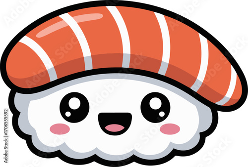 Vector art of cute sushi cartoon adorable sushi character with happy face kawaii sushi with salmon topping smiling funny japanese food illustration for kids, sticker, print, design
