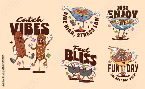 Funny groovy korean cuisine characters retro stickers and asian food personages t shirt prints. Vector cute ramen bowl, corn dogs, sushi rolls kimbap and groovy hippie soup dishes characters stickers