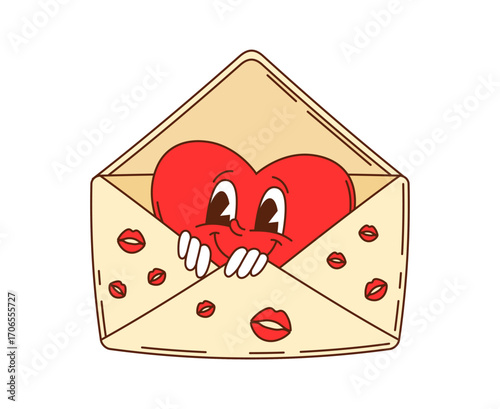 Cartoon groovy heart valentine day character peaking from the paper envelope with kiss marks. Isolated vector retro vintage holiday mail letter personage experience joy and affection, romantic message