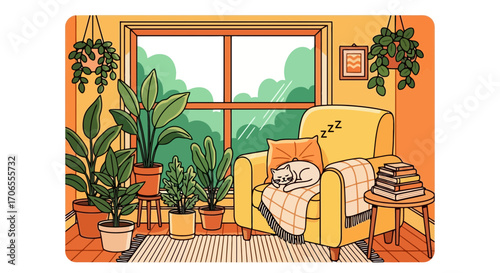 Cozy Living Room Scene with Sleeping Cat on Yellow Armchair Abundant Houseplants and Books Peaceful Hygge Aesthetic for Relaxing Home Decor