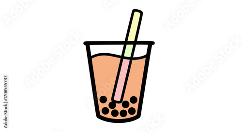 Bubble Tea Icon Vector Illustration Refreshing Sweet Drink with Tapioca Pearls and Straw on White Background