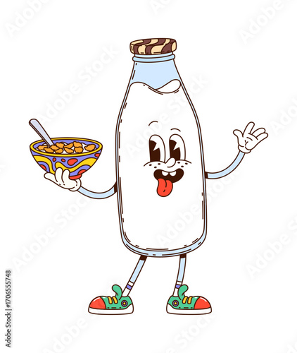 Cartoon groovy milk bottle drink character with a happy face, holding a cereal bowl. Vector funky breakfast retro y2k personage with joyful face expression and playful nostalgic childhood hippie vibes