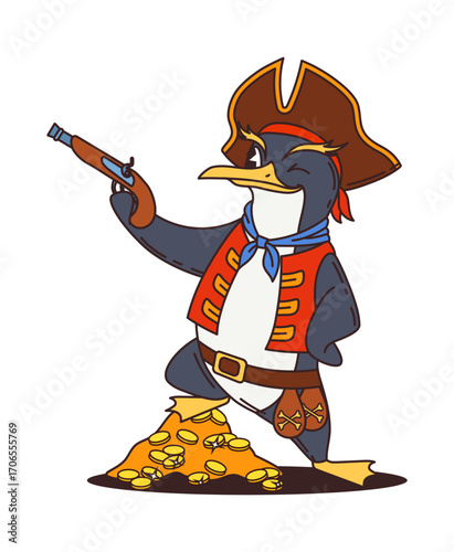 Penguin pirate, cartoon animal character of corsair ship crew, vector personage. Penguin Caribbean sailor in captain tricorne hat with musket gun and treasure gold coins as corsair animal character