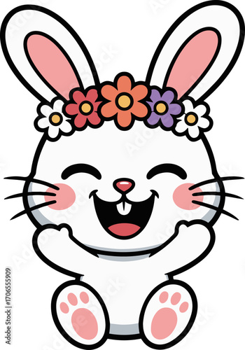 Vector art of cute bunny cartoon adorable rabbit character with flower crown smiling kawaii bunny with floral wreath funny animal illustration for kids, sticker, print, design