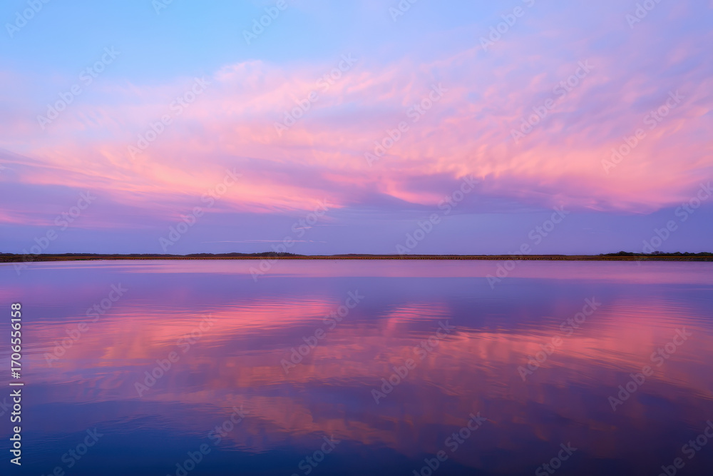 Fototapeta premium Serene lake reflecting a vibrant pink and purple sunset sky with a distant shoreline view ahead