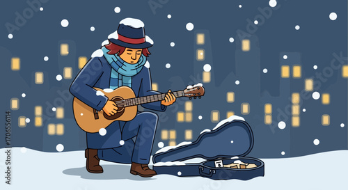 Street Musician Playing Guitar in Snowy Winter City Night with Bokeh Lights Artistic Illustration