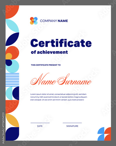 Certificate of achievement diploma template with geometric pattern. Vector stylish vertical layout with vibrant shapes and colors. Award, recognition frame, official document of appreciation and honor
