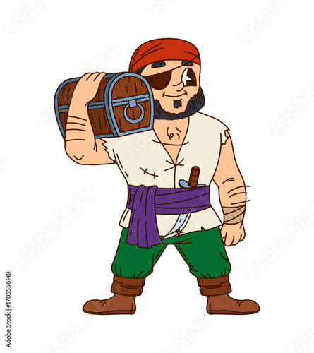 Caribbean pirate or corsair character with treasure chest, vector groovy cartoon personage. Caribbean pirate sailor or boatswain filibuster cartoon character with corsair eyepatch and treasure chest