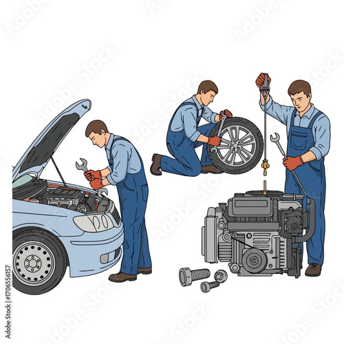 Auto Mechanic s Workshop Car Repair Tire Change and Engine Overhaul Illustrations Set
