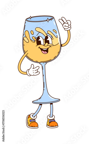 Cartoon groovy champagne glass drink character celebrate party. Isolated vector wineglass retro personage rejoice with happy smile and peace gesture embodying funky retro vibe of 60s or 70s hippie era
