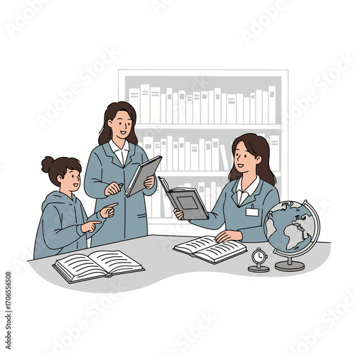 Diverse Students Learning Together in a Library with Teacher Guidance Inspirational Education Knowledge Concept Illustration