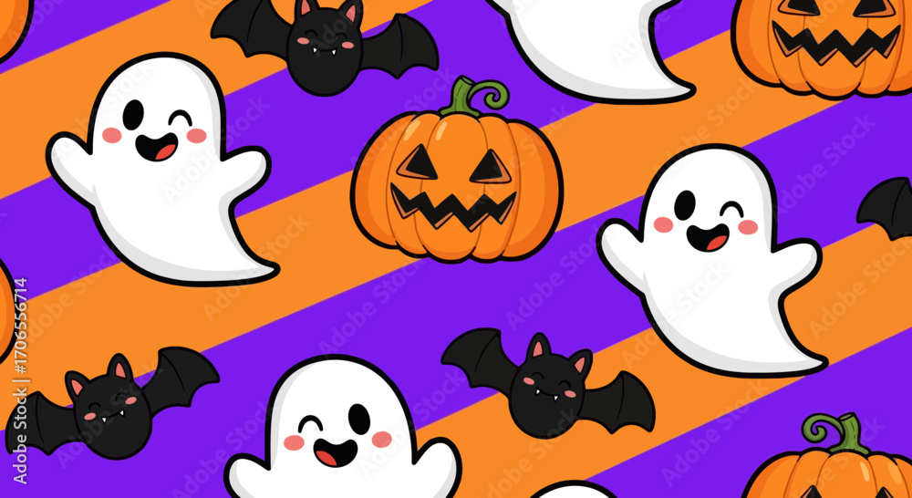 Fototapeta premium Cute Halloween Pattern Featuring Adorable Ghosts Pumpkins and Bats on a Purple and Orange Striped Background