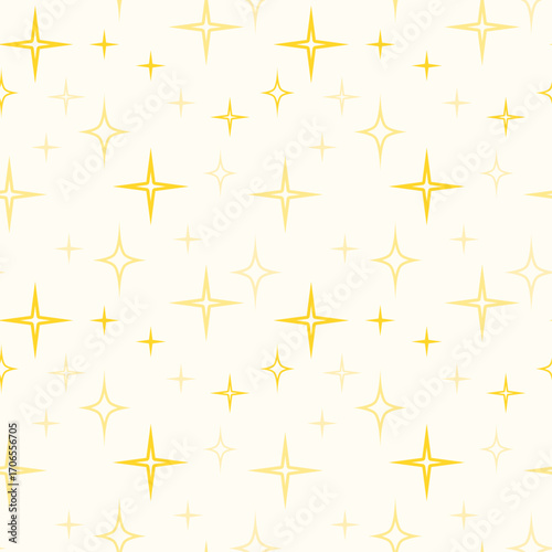 Seamless pattern with yellow gold shining stars. Good night children's, scandinavian nursery illustration in soft pastel color, pajamas print.
