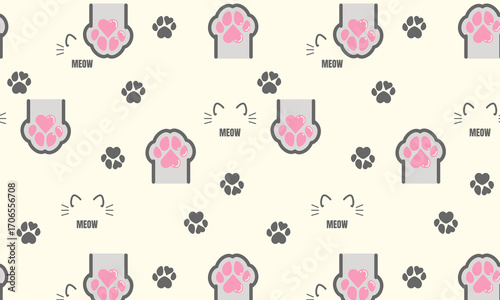 Cat paw vector background. Kitten footprint seamless pattern with text: meow. Kawaii cute doodle vector illustration, background.
