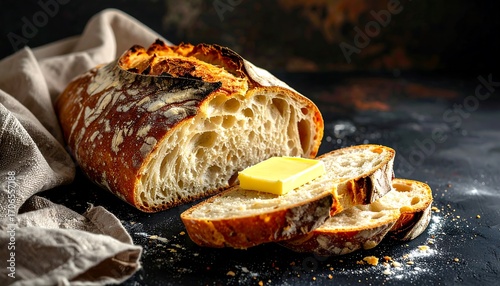 Freshly baked artisan bread with butter